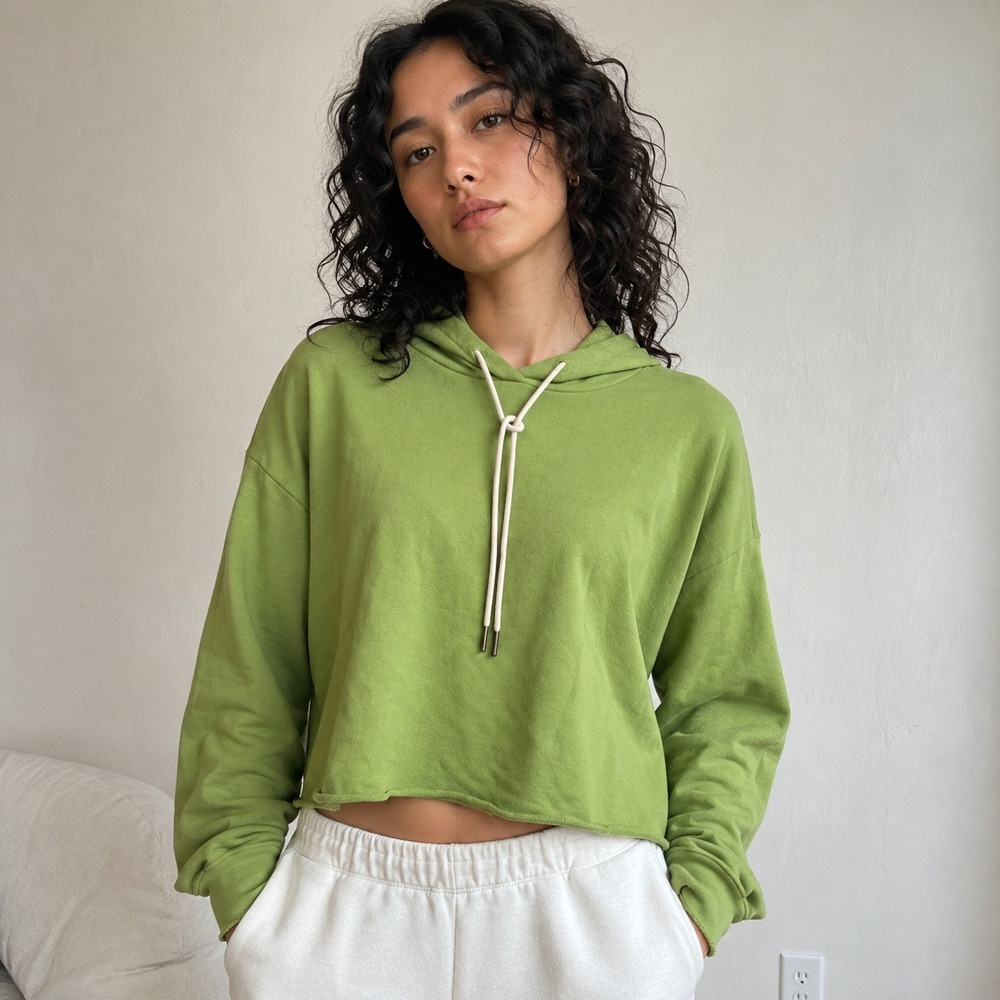 MATE the Label Womens Organic Terry Crop Hoodie Medium Green Pistachio Raw Hem